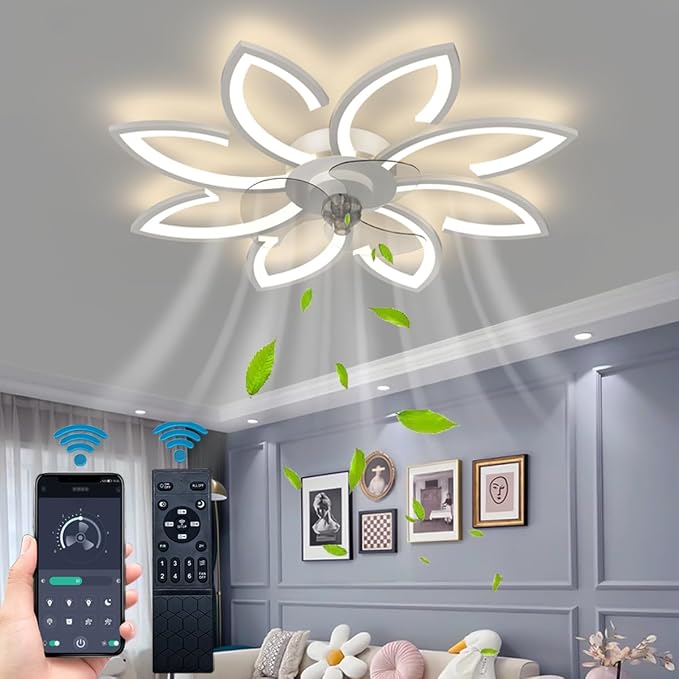 Ceiling Fan with Lights, 35'' Bladeless, Low Profile, Flush Mount, 3 Color Dimmable LED, 6 Speeds, Remote & APP Control