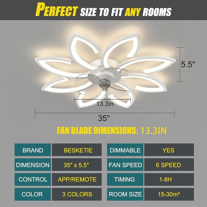 Ceiling Fan with Lights, 35'' Bladeless, Low Profile, Flush Mount, 3 Color Dimmable LED, 6 Speeds, Remote & APP Control