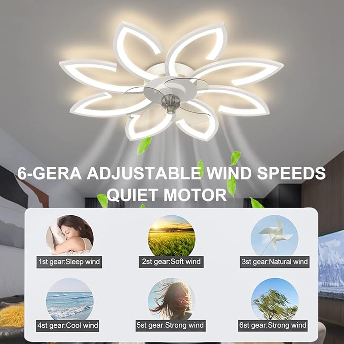 Ceiling Fan with Lights, 35'' Bladeless, Low Profile, Flush Mount, 3 Color Dimmable LED, 6 Speeds, Remote & APP Control
