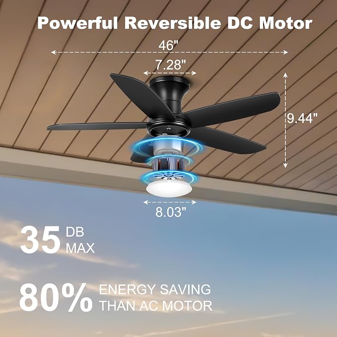 Ceiling Fan with Lights, 46" Flush Mount Ceiling Fans Remote/APP Control - Dimmable, Quiet DC Motor, Indoor Ceiling Fans for