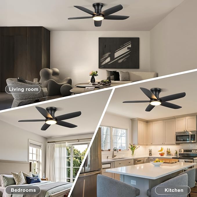 Ceiling Fan with Lights, 46" Flush Mount Ceiling Fans Remote/APP Control - Dimmable, Quiet DC Motor, Indoor Ceiling Fans for