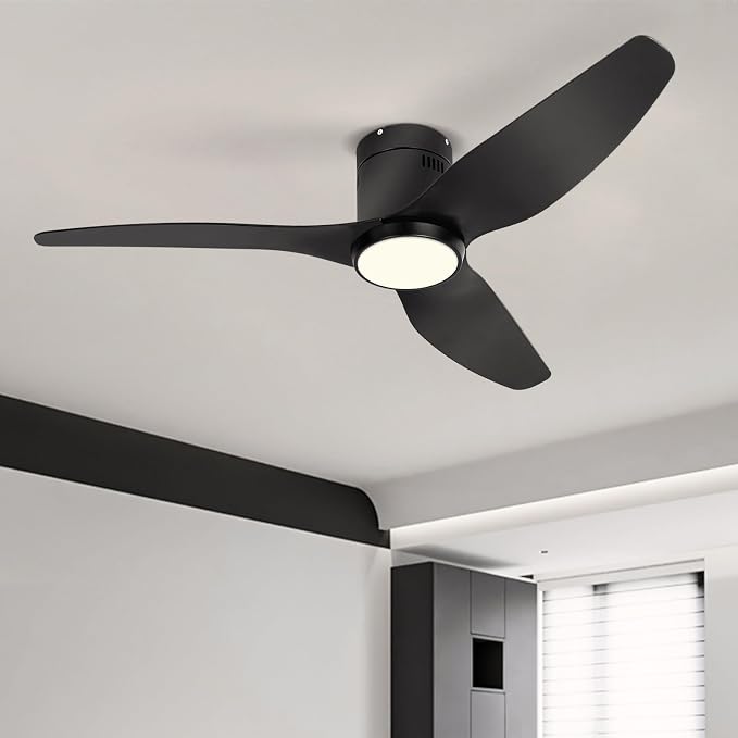 Ceiling Fan with Lights, 52 Inch Black Low Profile Ceiling Fans with Light and Remote, Plastic 3 Blade Reversible Flush Mount