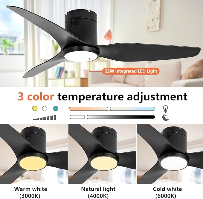 Ceiling Fan with Lights, 52 Inch Black Low Profile Ceiling Fans with Light and Remote, Plastic 3 Blade Reversible Flush Mount