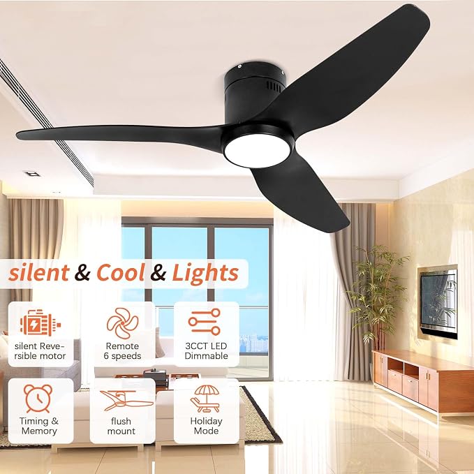 Ceiling Fan with Lights, 52 Inch Black Low Profile Ceiling Fans with Light and Remote, Plastic 3 Blade Reversible Flush Mount