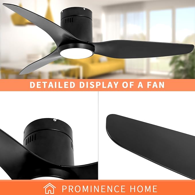 Ceiling Fan with Lights, 52 Inch Black Low Profile Ceiling Fans with Light and Remote, Plastic 3 Blade Reversible Flush Mount