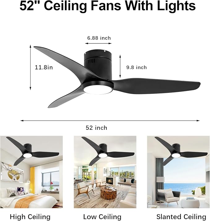 Ceiling Fan with Lights, 52 Inch Black Low Profile Ceiling Fans with Light and Remote, Plastic 3 Blade Reversible Flush Mount