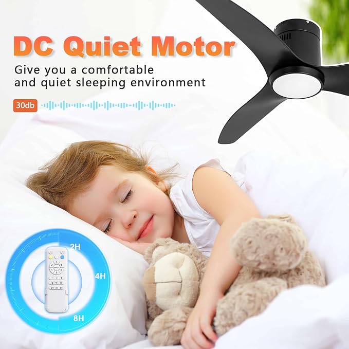Ceiling Fan with Lights, 52 Inch Black Low Profile Ceiling Fans with Light and Remote, Plastic 3 Blade Reversible Flush Mount