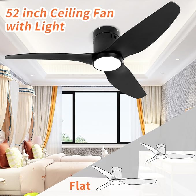 Ceiling Fan with Lights, 52 Inch Black Low Profile Ceiling Fans with Light and Remote, Plastic 3 Blade Reversible Flush Mount
