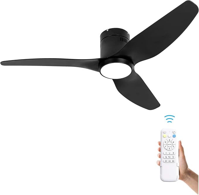 Ceiling Fan with Lights, 52 Inch Black Low Profile Ceiling Fans with Light and Remote, Plastic 3 Blade Reversible Flush Mount