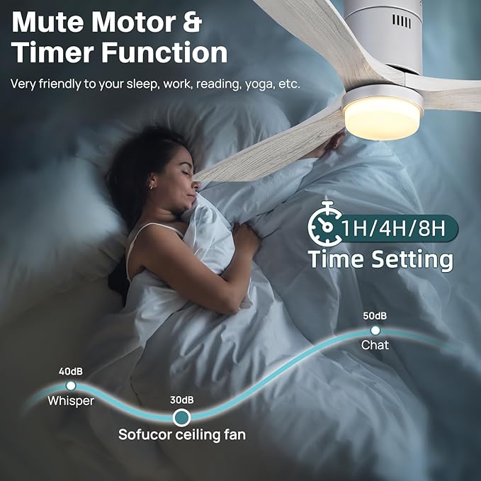 Ceiling Fan with Lights 52 Inch Flush Mount Ceiling Fan with Remote Control, 3 Solid Wood Blades Modern Outdoor Ceiling Fans