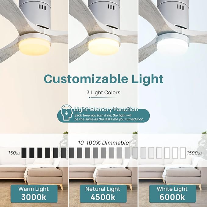 Ceiling Fan with Lights 52 Inch Flush Mount Ceiling Fan with Remote Control, 3 Solid Wood Blades Modern Outdoor Ceiling Fans