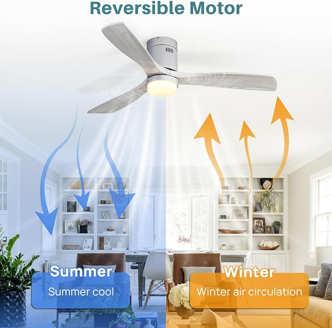 Ceiling Fan with Lights 52 Inch Flush Mount Ceiling Fan with Remote Control, 3 Solid Wood Blades Modern Outdoor Ceiling Fans
