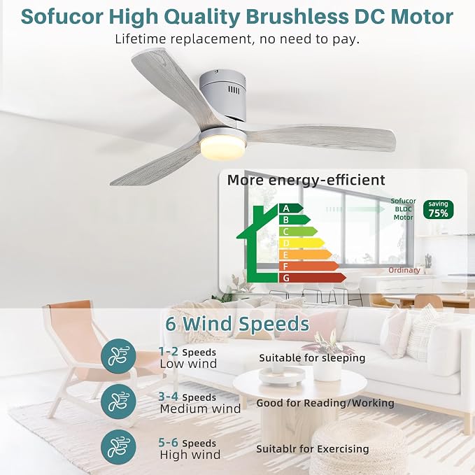 Ceiling Fan with Lights 52 Inch Flush Mount Ceiling Fan with Remote Control, 3 Solid Wood Blades Modern Outdoor Ceiling Fans