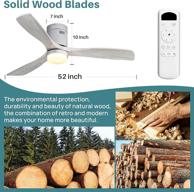 Ceiling Fan with Lights 52 Inch Flush Mount Ceiling Fan with Remote Control, 3 Solid Wood Blades Modern Outdoor Ceiling Fans