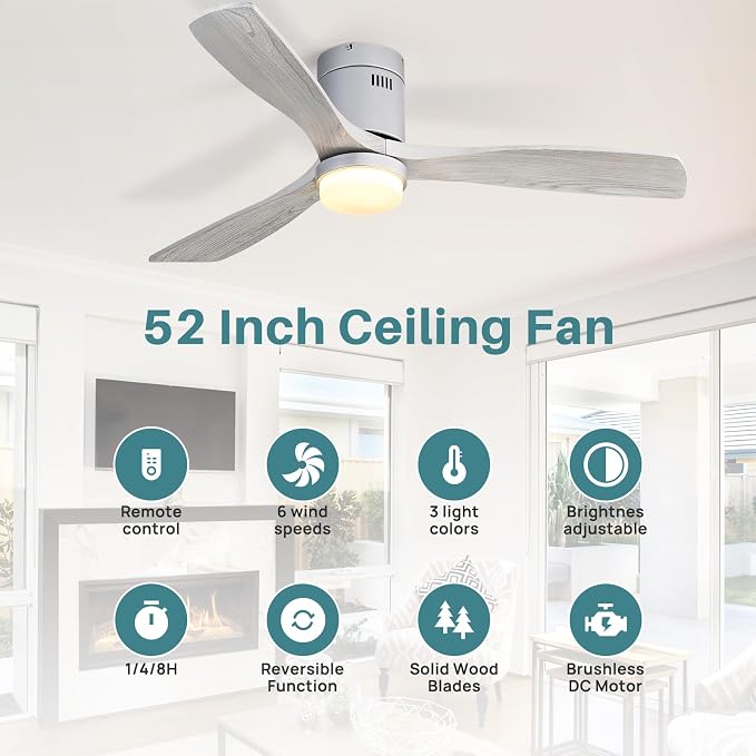 Ceiling Fan with Lights 52 Inch Flush Mount Ceiling Fan with Remote Control, 3 Solid Wood Blades Modern Outdoor Ceiling Fans