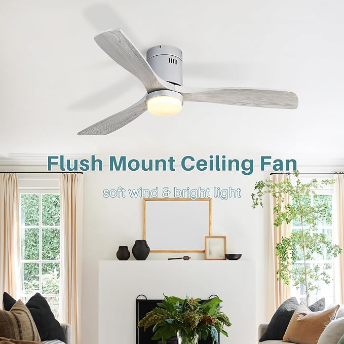 Ceiling Fan with Lights 52 Inch Flush Mount Ceiling Fan with Remote Control, 3 Solid Wood Blades Modern Outdoor Ceiling Fans