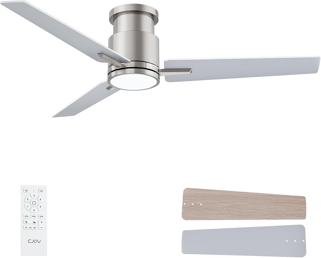 Ceiling Fan with Lights, 52 Inch Low Profile Ceiling Fans with Light and Remote, Reversible DC, Flush Mount, 3CCT,Dimmable