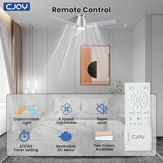 Ceiling Fan with Lights, 52 Inch Low Profile Ceiling Fans with Light and Remote, Reversible DC, Flush Mount, 3CCT,Dimmable