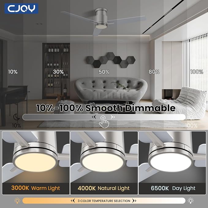Ceiling Fan with Lights, 52 Inch Low Profile Ceiling Fans with Light and Remote, Reversible DC, Flush Mount, 3CCT,Dimmable