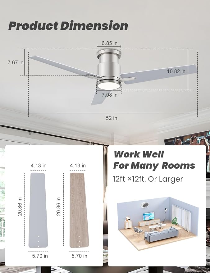 Ceiling Fan with Lights, 52 Inch Low Profile Ceiling Fans with Light and Remote, Reversible DC, Flush Mount, 3CCT,Dimmable