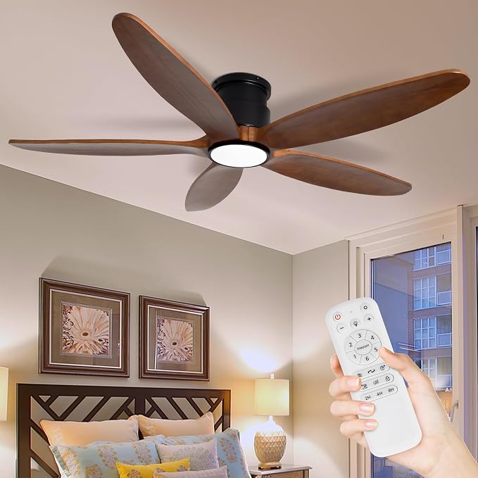 Ceiling Fan with Lights, 52Inch Flush Mount Ceiling Fan with Remote Control, 5 Wood Blades, DC Motor,3CCT,Walnut Wooden