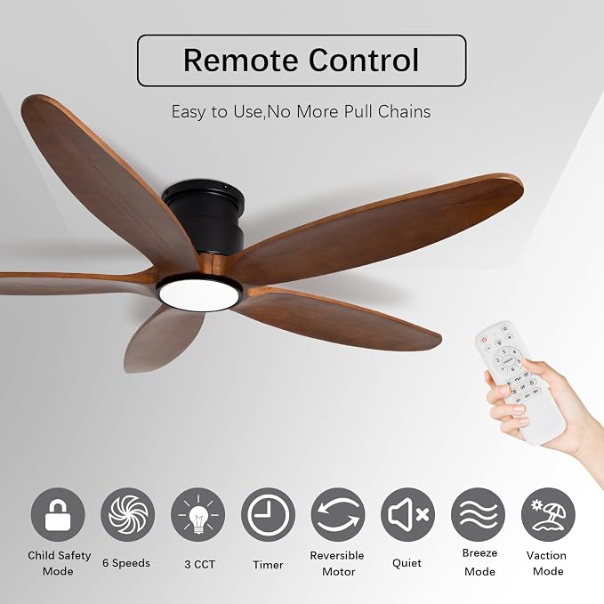 Ceiling Fan with Lights, 52Inch Flush Mount Ceiling Fan with Remote Control, 5 Wood Blades, DC Motor,3CCT,Walnut Wooden