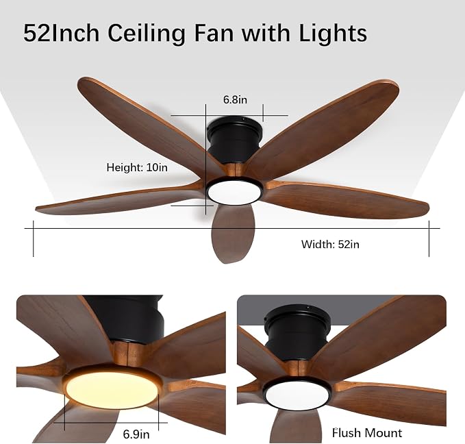 Ceiling Fan with Lights, 52Inch Flush Mount Ceiling Fan with Remote Control, 5 Wood Blades, DC Motor,3CCT,Walnut Wooden