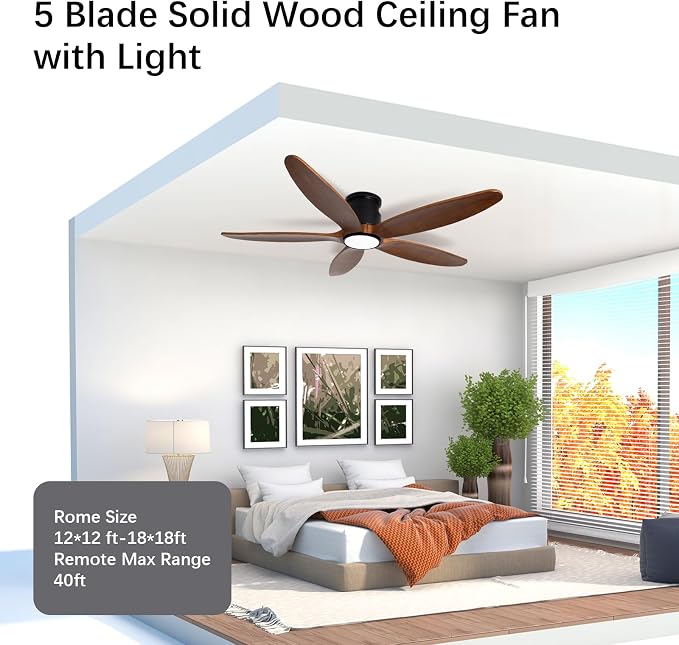Ceiling Fan with Lights, 52Inch Flush Mount Ceiling Fan with Remote Control, 5 Wood Blades, DC Motor,3CCT,Walnut Wooden