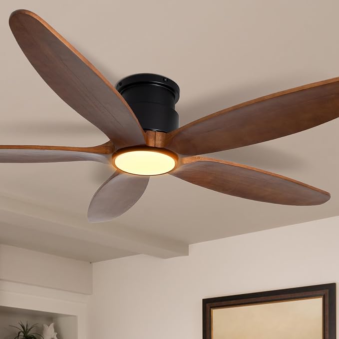 Ceiling Fan with Lights, 52Inch Flush Mount Ceiling Fan with Remote Control, 5 Wood Blades, DC Motor,3CCT,Walnut Wooden
