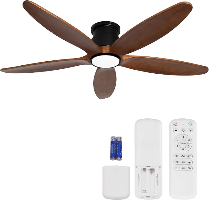 Ceiling Fan with Lights, 52Inch Flush Mount Ceiling Fan with Remote Control, 5 Wood Blades, DC Motor,3CCT,Walnut Wooden