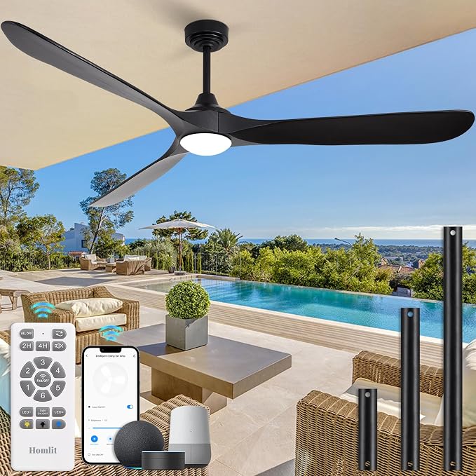Ceiling Fan with Lights, 72'' Solid Wood Indoor/Outdoor Ceiling Fan with Quiet Reversible DC Motor, Control with WIFI Alexa