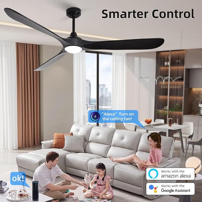 Ceiling Fan with Lights, 72'' Solid Wood Indoor/Outdoor Ceiling Fan with Quiet Reversible DC Motor, Control with WIFI Alexa