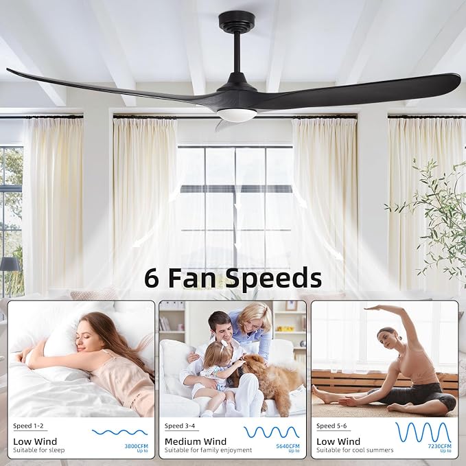 Ceiling Fan with Lights, 72'' Solid Wood Indoor/Outdoor Ceiling Fan with Quiet Reversible DC Motor, Control with WIFI Alexa
