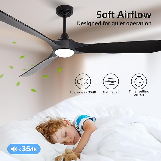 Ceiling Fan with Lights, 72'' Solid Wood Indoor/Outdoor Ceiling Fan with Quiet Reversible DC Motor, Control with WIFI Alexa