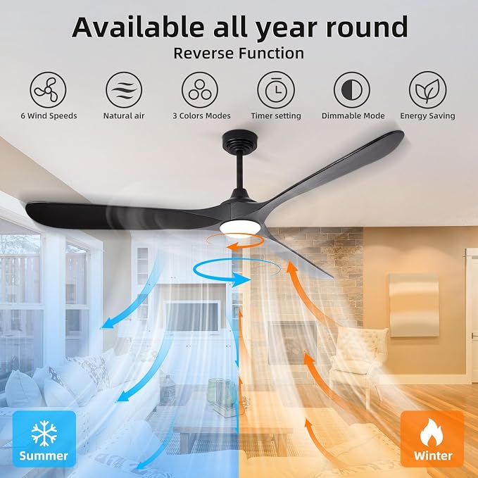 Ceiling Fan with Lights, 72'' Solid Wood Indoor/Outdoor Ceiling Fan with Quiet Reversible DC Motor, Control with WIFI Alexa