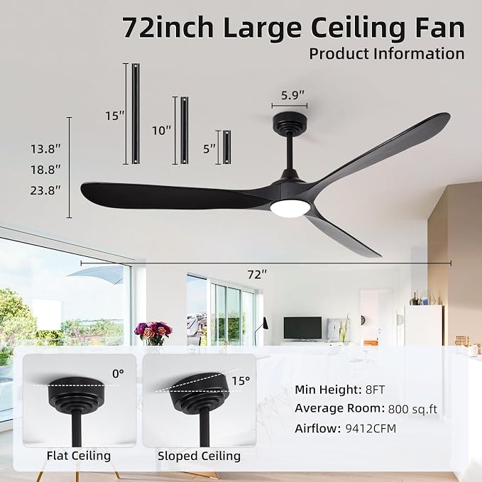 Ceiling Fan with Lights, 72'' Solid Wood Indoor/Outdoor Ceiling Fan with Quiet Reversible DC Motor, Control with WIFI Alexa
