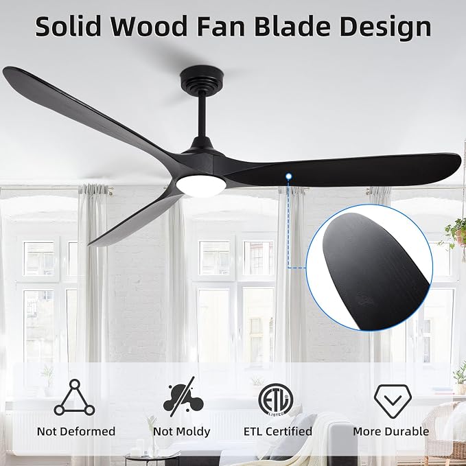 Ceiling Fan with Lights, 72'' Solid Wood Indoor/Outdoor Ceiling Fan with Quiet Reversible DC Motor, Control with WIFI Alexa