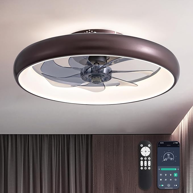 Ceiling Fan with Lights and Remote, 20'' Low Profile Flush Mount, 6 Wind Speeds, Modern Dimmable LED, Smart for Bedroom, Kids