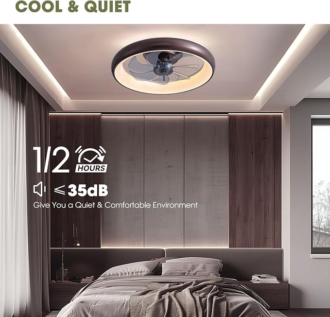 Ceiling Fan with Lights and Remote, 20'' Low Profile Flush Mount, 6 Wind Speeds, Modern Dimmable LED, Smart for Bedroom, Kids