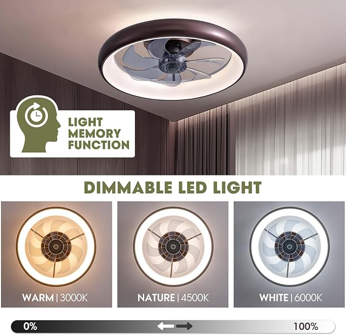 Ceiling Fan with Lights and Remote, 20'' Low Profile Flush Mount, 6 Wind Speeds, Modern Dimmable LED, Smart for Bedroom, Kids
