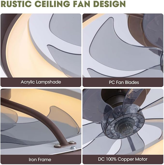 Ceiling Fan with Lights and Remote, 20'' Low Profile Flush Mount, 6 Wind Speeds, Modern Dimmable LED, Smart for Bedroom, Kids