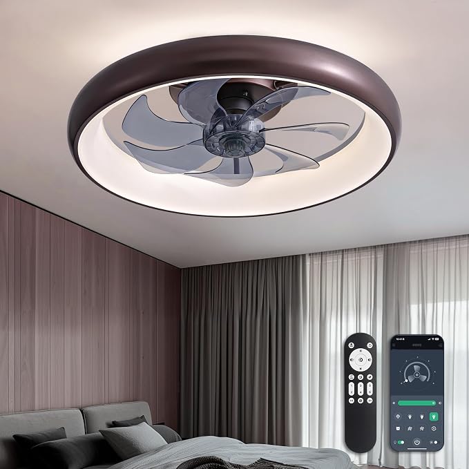 Ceiling Fan with Lights and Remote, 20'' Low Profile Flush Mount, 6 Wind Speeds, Modern Dimmable LED, Smart for Bedroom, Kids