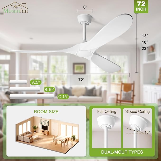 Ceiling Fan with Lights and Remote, 72'' Outdoor Ceiling Fan, Indoor 3 Blade Wood Ceiling Fan for Bedroom Living Room Patios