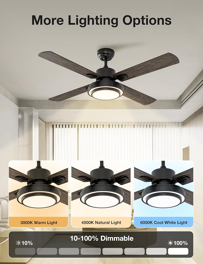 Ceiling Fan with Lights Remote Control, 52 Inch, Black (4-Blades), alternate product view 4