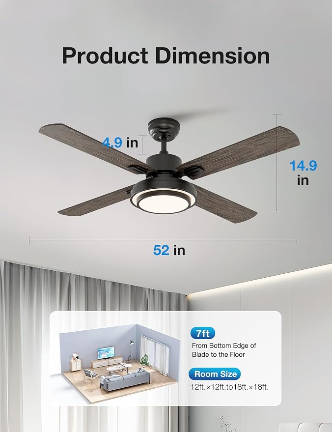 Ceiling Fan with Lights Remote Control, 52 Inch, Black (4-Blades), alternate product view 6