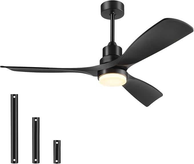 Ceiling Fan with Lights Remote Control, 52 Inch Black Ceiling Fans with 3 Downrods, 3 Blades, Timer, 6 Speed Modern Fan Quiet
