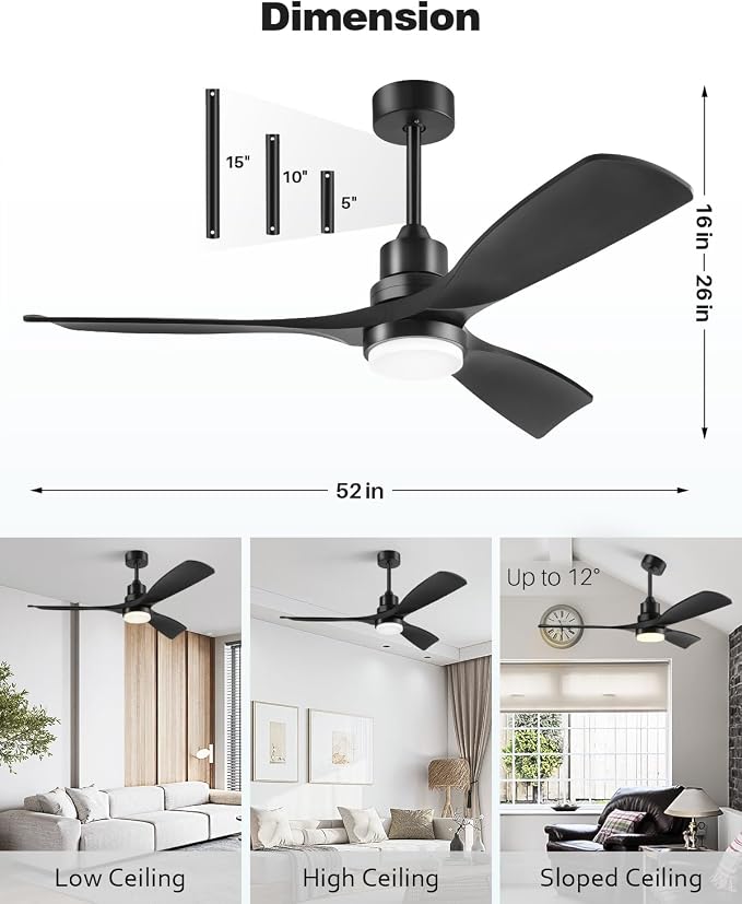 Ceiling Fan with Lights Remote Control, 52 Inch Black Ceiling Fans with 3 Downrods, 3 Blades, Timer, 6 Speed Modern Fan Quiet