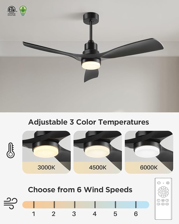 Ceiling Fan with Lights Remote Control, 52 Inch Black Ceiling Fans with 3 Downrods, 3 Blades, Timer, 6 Speed Modern Fan Quiet