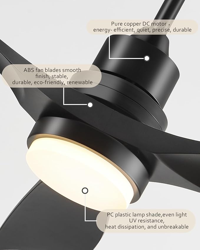 Ceiling Fan with Lights Remote Control, 52 Inch Black Ceiling Fans with 3 Downrods, 3 Blades, Timer, 6 Speed Modern Fan Quiet