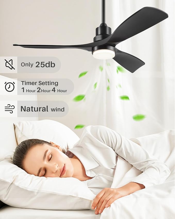 Ceiling Fan with Lights Remote Control, 52 Inch Black Ceiling Fans with 3 Downrods, 3 Blades, Timer, 6 Speed Modern Fan Quiet